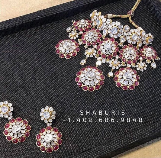 Polki jewelry moissanite diamond necklace,Pure silver russian emerald 925 silver jewelry indian lyte weight jewelry-SHABURIS