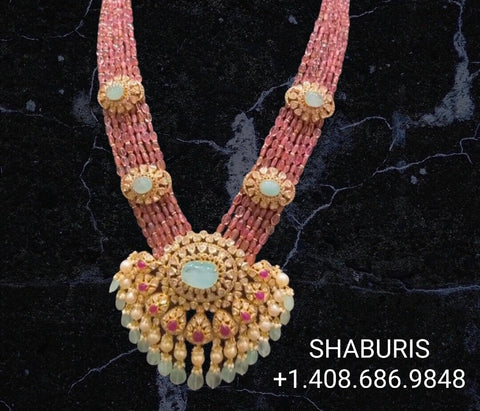 Morganite bead haram,Pastel bead pendent,morganites,Polki necklace, pendent,Pure silver polki choker Indian necklace ,maang tikka-Shaburis