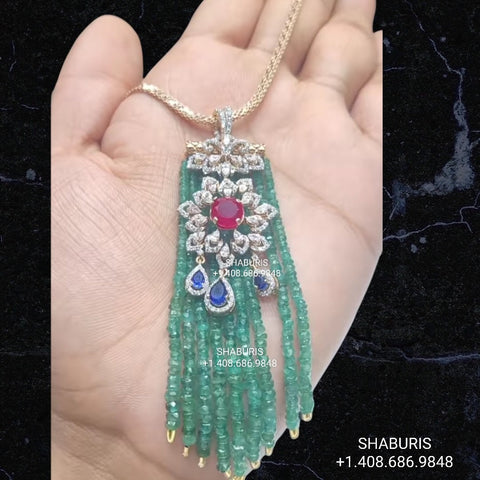 Tassel necklace,South Indian jewelry,Pure silver diamond pendent,swarovski Pendent,Indian Wedding Jewelry -NIHIRA-SHABURIS