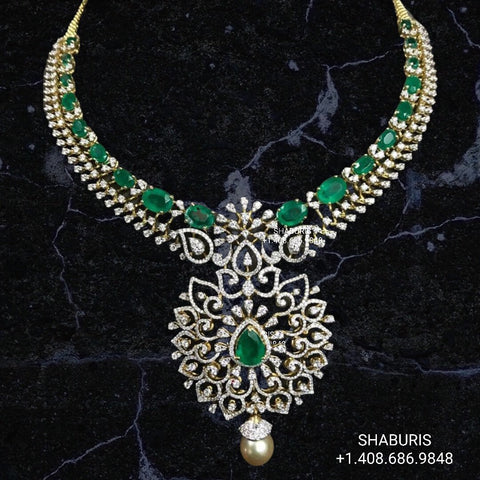 Diamond necklace,South Indian Jewelry,diamond chokerbridal choker,Indian Wedding Jewelry,pure Silver indian jewelry - NIHIRA - SHABURIS