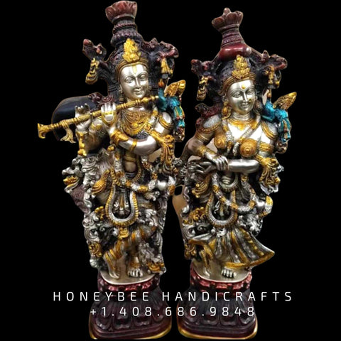 Large Radha Krishna Statue in Brass with Stone work, 2 feet Big size Radhe Krishna Figurine, Large Size Brass RadhaKrishna Sculpture.