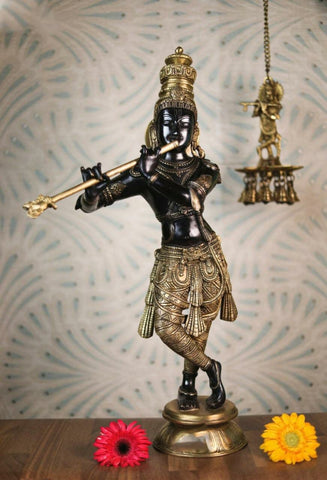 Large Krishna Statue in Brass with Stone work, 2 feet Big size Radhe Krishna Figurine, Large Size Brass RadhaKrishna Sculpture.