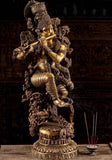 Large Krishna Statue in Brass with Stone work, 43 inches Big size Krishna Figurine, Large Size Brass krishna Sculpture brass articles