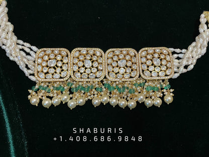 Pearl polki choker,Pure Silver jewelry Indian, diamond choker set,Sabyasachi jewelry inspired,Indian Bridal,Indian Jewelry-NIHIRA-SHABURIS