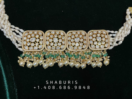 Pearl polki choker,Pure Silver jewelry Indian, diamond choker set,Sabyasachi jewelry inspired,Indian Bridal,Indian Jewelry-NIHIRA-SHABURIS