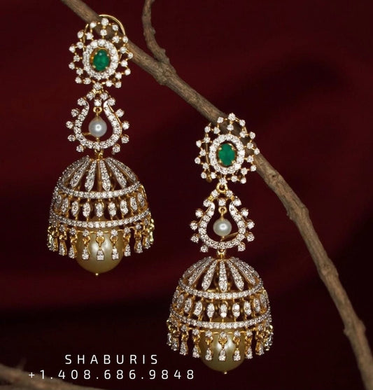 Diamond Jhumka ,diamond earrings,Pure silver Jhumkas Indian,Indian Earrings,Indian Wedding Jewelry -NIHIRA-SHABURIS