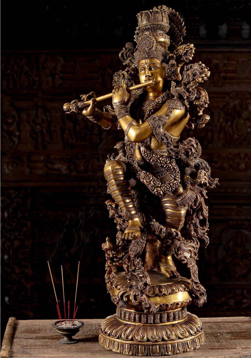 Large Krishna Statue in Brass with Stone work, 43 inches Big size Krishna Figurine, Large Size Brass krishna Sculpture brass articles
