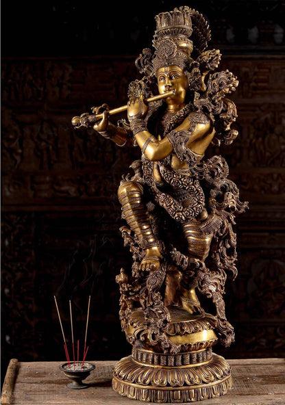 Large Krishna Statue in Brass with Stone work, 43 inches Big size Krishna Figurine, Large Size Brass krishna Sculpture brass articles