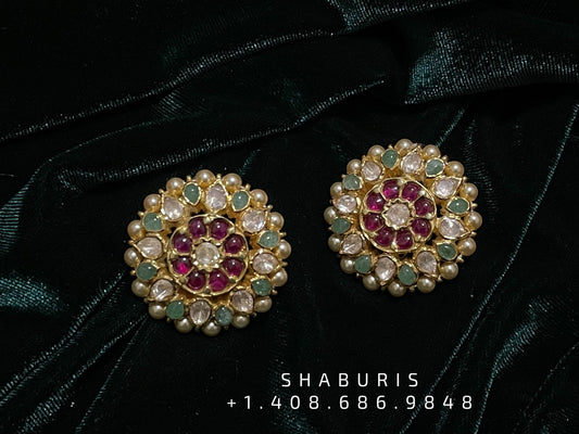 Ruby stud,polki stud,polki diamond jewelry in silver,big studs,indian jewelry,statement jewelry-SHABURIS