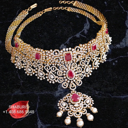 Diamond Choker Pure Silver jewelry Indian ,diamond Necklace,Indian Necklace,Indian Bridal,Indian Wedding Jewelry-NIHIRA-SHABURIS