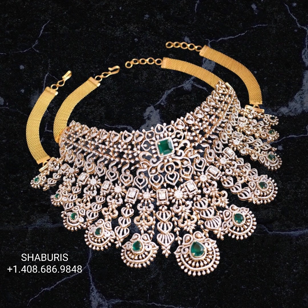 Diamond Choker Pure Silver jewelry Indian ,diamond Necklace,Indian Necklace,Indian Bridal,Indian Wedding Jewelry-NIHIRA-SHABURIS
