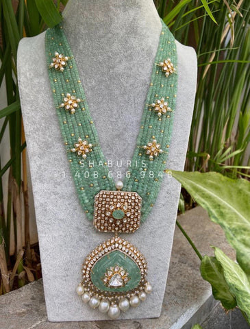 Russian Emeralds Polkis beads necklace bead haram polki pendant diamond necklace pachi kundan diamond uncut necklace indian jewelry designs
