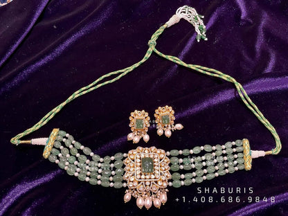 Polki beaded set,Latest Indian Jewelry,bead stone Jewelry,bead jewelry,polki jewelry,moissante,beads,bead gems,precious stone jewel