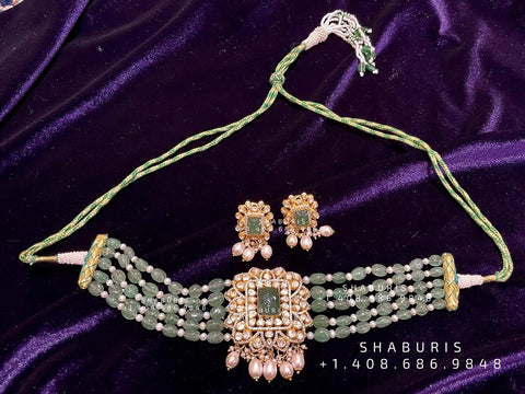 Polki beaded set,Latest Indian Jewelry,bead stone Jewelry,bead jewelry,polki jewelry,moissante,beads,bead gems,precious stone jewel