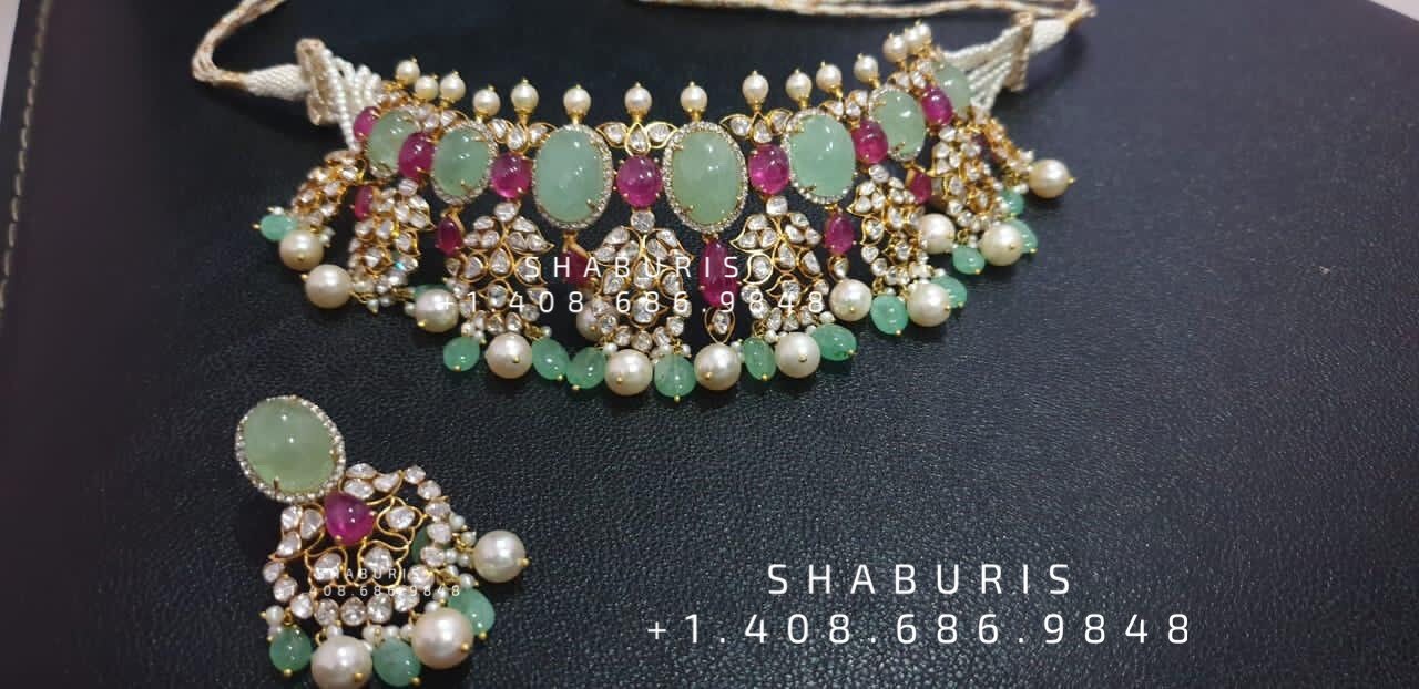 Diamond Choker Diamond Jhumka Diamond Earrings Antique Earrings Antique Jhumka Pure Silver jewelry Indian ,diamond Necklace-SHABURIS