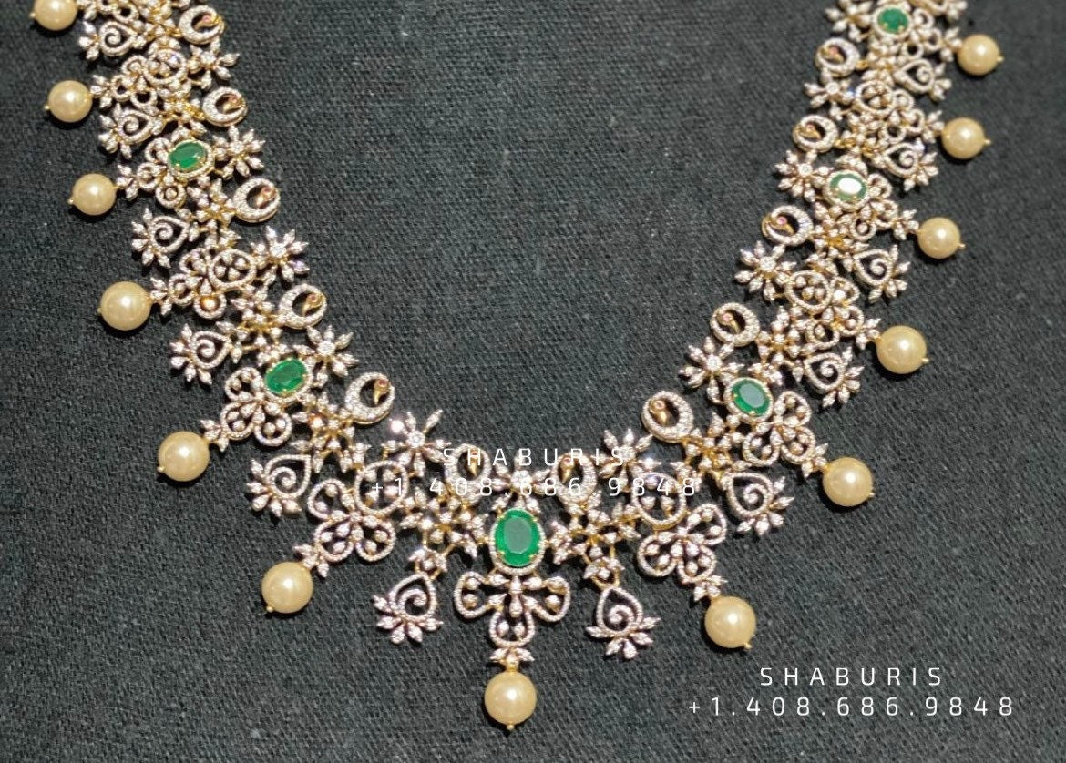 Diamond Choker Pure Silver jewelry Indian ,diamond Necklace,Coral Necklace,Polki Necklace,Indian Wedding Jewelry-SHABURIS