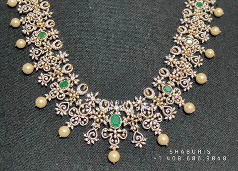Diamond Choker Pure Silver jewelry Indian ,diamond Necklace,Coral Necklace,Polki Necklace,Indian Wedding Jewelry-SHABURIS