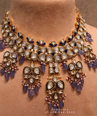 Diamond Choker Pure Silver jewelry Indian ,diamond Necklace,Coral Necklace,Polki Necklace,Indian Wedding Jewelry-SHABURIS