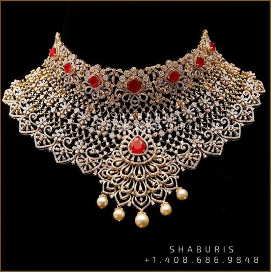 Diamond Choker Pure Silver jewelry Indian ,diamond Necklace,Indian Necklace,Indian Bridal,Indian Wedding Jewelry Coral Necklace-SHABURIS