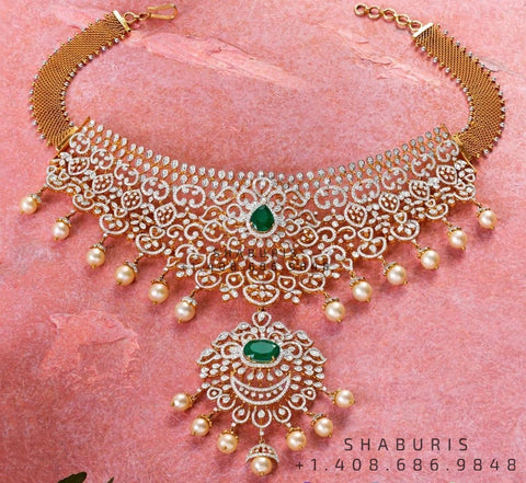 Diamond Choker Pure Silver jewelry Indian ,diamond Necklace,Indian Necklace,Indian Bridal,Indian Wedding Jewelry Coral Necklace-SHABURIS