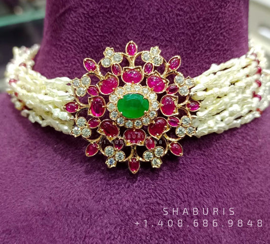 Diamond Choker Pure Silver jewelry Indian ,diamond Necklace,Indian Necklace,Indian Bridal,Indian Wedding Jewelry Coral Necklace-SHABURIS