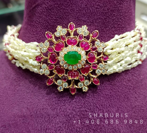 Diamond Choker Pure Silver jewelry Indian ,diamond Necklace,Indian Necklace,Indian Bridal,Indian Wedding Jewelry Coral Necklace-SHABURIS
