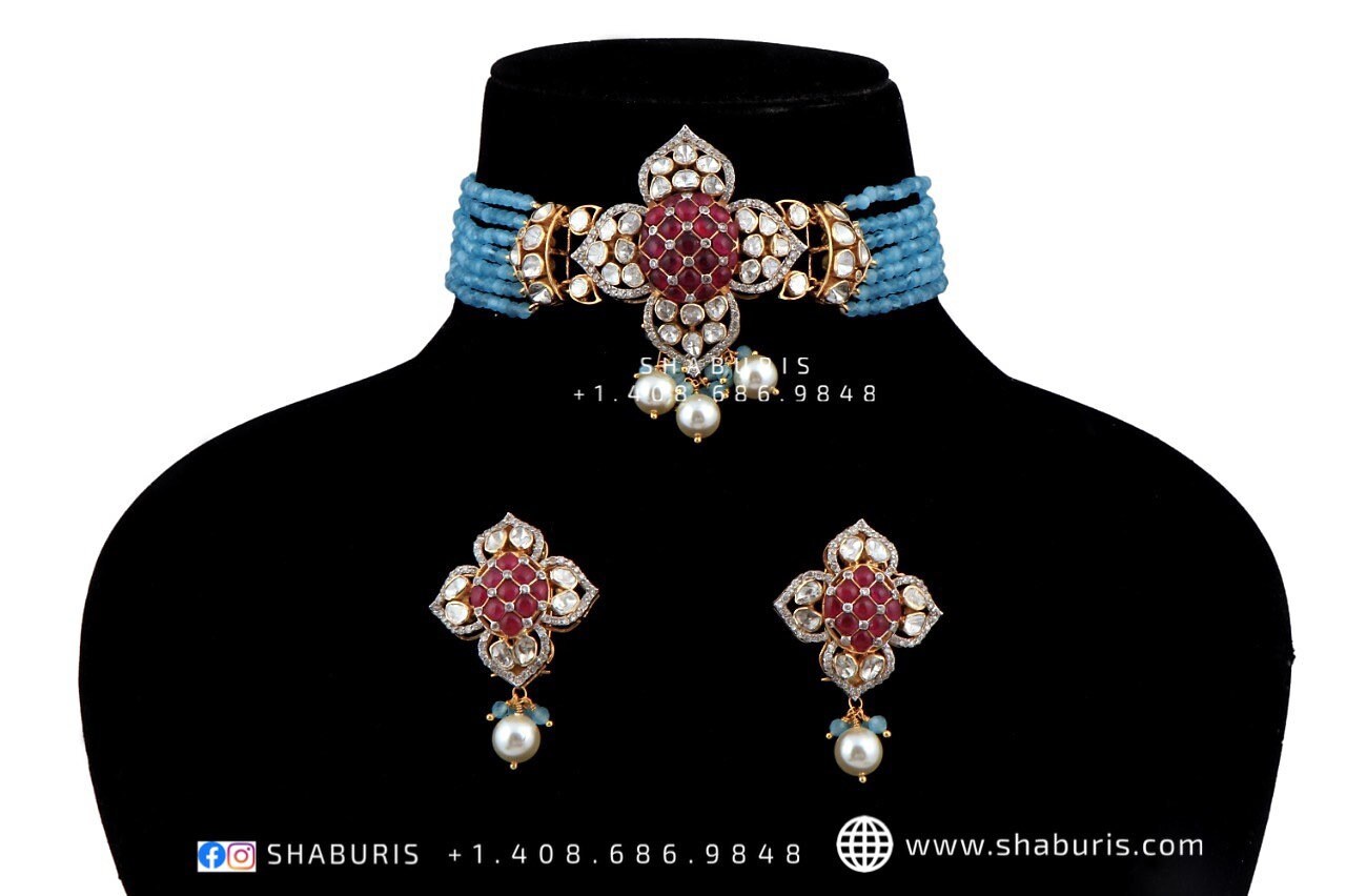 Nakshi Jewelry Polki Necklace Diamond Necklace Beaded Necklace Tanzanite Necklace Diamond Jewelry Moissanite Necklace Bridal-[POLKI101]