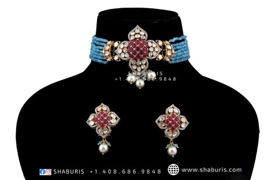 Nakshi Jewelry Polki Necklace Diamond Necklace Beaded Necklace Tanzanite Necklace Diamond Jewelry Moissanite Necklace Bridal-[POLKI101]