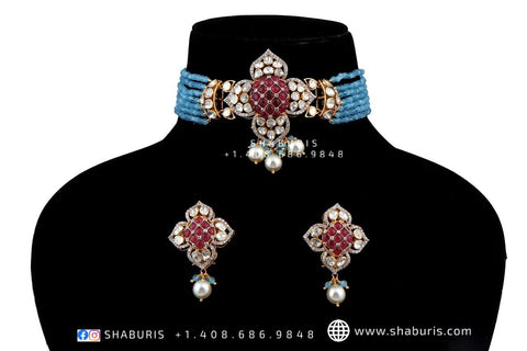 Nakshi Jewelry Polki Necklace Diamond Necklace Beaded Necklace Tanzanite Necklace Diamond Jewelry Moissanite Necklace Bridal-[POLKI101]