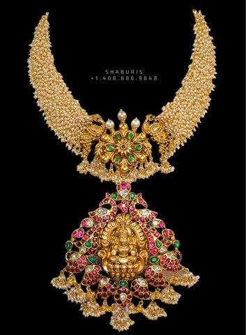 Antique Necklace temple jewelry guttapusalu Necklace lakshmi devi Necklace Diamond Jewelry Moissanite Necklace Bridal Jewelry-SHABURIS