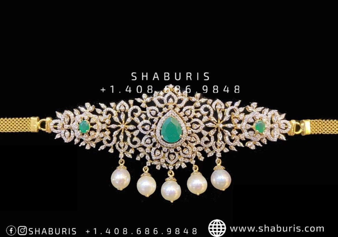 Diamond Necklace Simple choker Bhaju Bandh Emerald stones south sea pearls Swarovski Stones 925 silver jewelry 22ct gold plated - SHABURIS