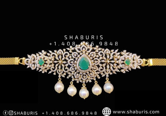 Diamond Necklace Simple choker Bhaju Bandh Emerald stones south sea pearls Swarovski Stones 925 silver jewelry 22ct gold plated - SHABURIS