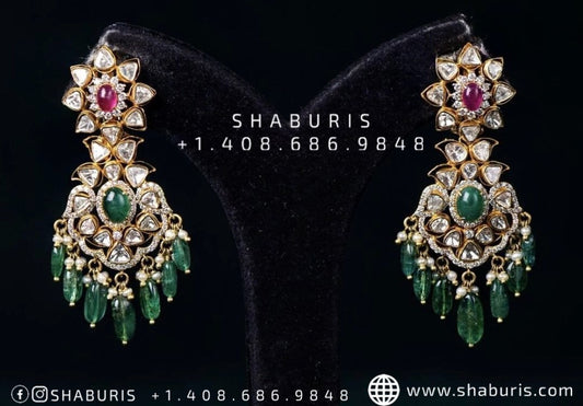 Diamond Jhumka emerald bead polki stones ruby gemstone earrings bridal earrings diamond jewelry silver jewelry indian jewelry - SHABURIS