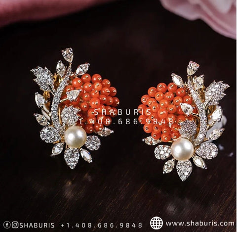 Coral studs Diamond Earrings pure silver jewelry indian wedding Jewelry indian bridal jewelry cocktail jewelry 925 silver jewelr-SHABURIS