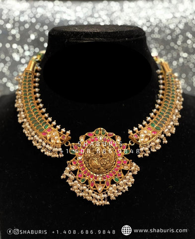 Nakshi Jewelry temple jewelry lakshmi necklace 22ct gold jewelry designs 925 silver jewelry ruby stones emerald stones polki stones-SHABURIS