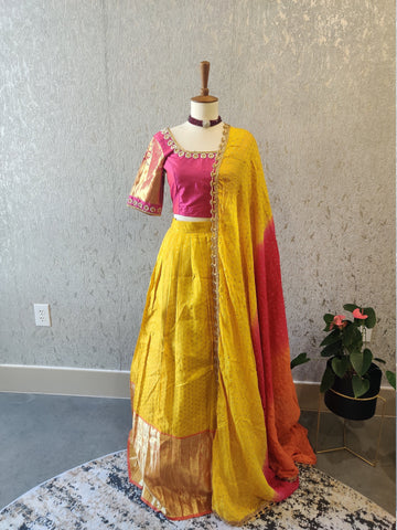 Half Saree Yellow lehenga,Bridal Lehenga,Pattu langa,Langavoni,Halfsaree,Kanjivaram Lehenga,Pattu Pavada,Silk Lehenga,teens Lehenga-NIHIRA