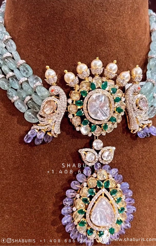 Russian emeralds tanzanites green onyx polki swarovski south sea pearls rubies necklace made with 92.5 silver and 22ct gold plated -SHABURIS