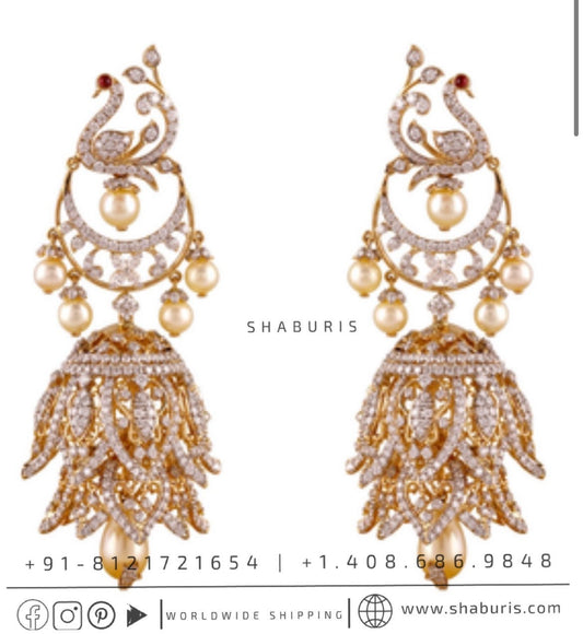 Diamond jhumka,big jhumka,swarovski,south sea pearl earring,party wear earrings,designer jewelry,hand picked jewelry,celebrity jewelry