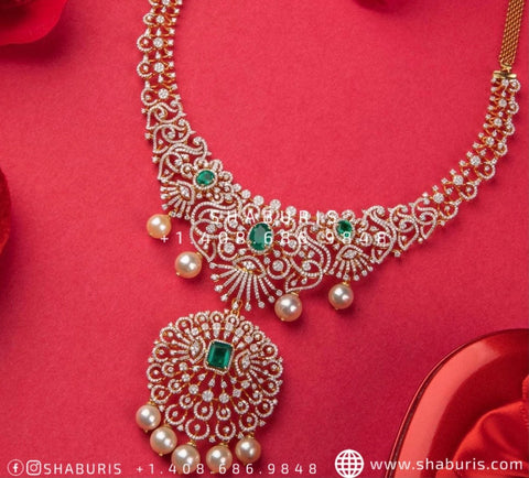Diamond Necklace Diamond Earrings pure silver jewelry indian wedding Jewelry indian bridal jewelry jewelry 925 silver jewelr-SHABURIS