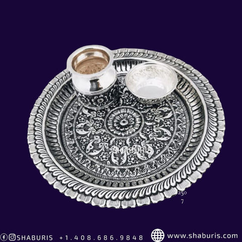 Pure Silver pooja thali,pure silver bell,Pure silver articles indian,indian pooja samagri,silver articles,haldi kumkum container-NIHIRA