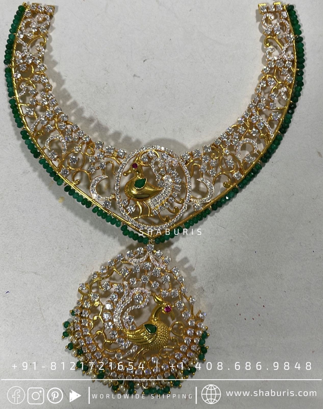 Diamond choker diamond necklace peacock design emeralds swarovski diamond silver jewelry bridal jewelry wedding jewelry south sea pearls