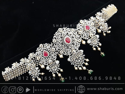 Diamond vaddanam Gold Plated jewelry Indian ,925 silver jewelry,lyte weight Indian Bridal,Indian Wedding Jewelry-SHABURIS