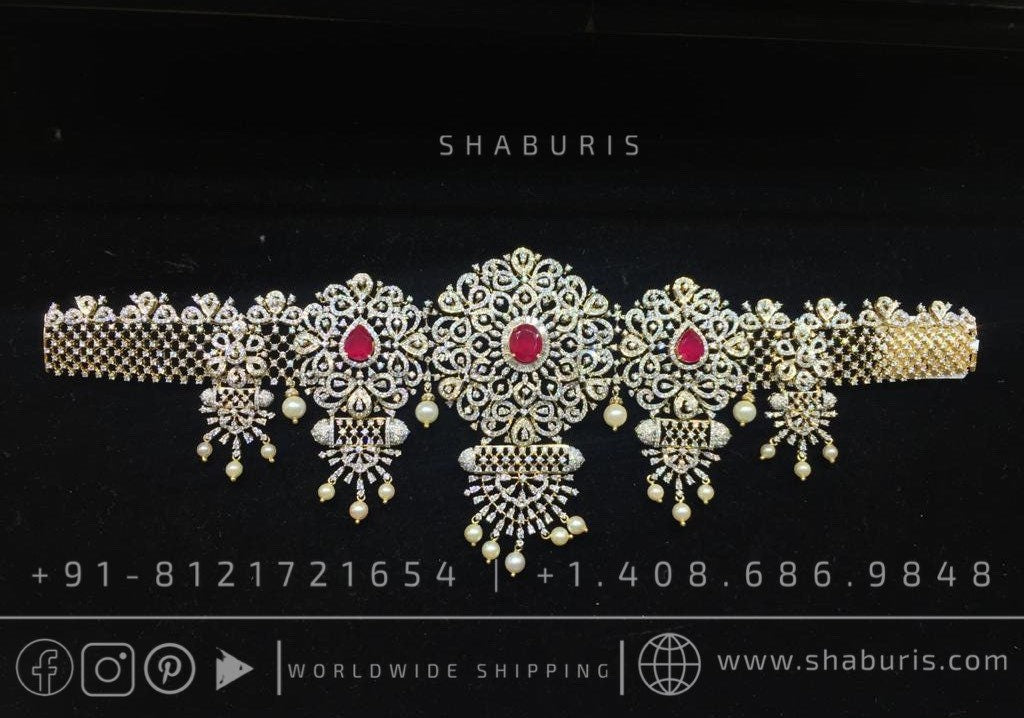 Diamond vaddanam Gold Plated jewelry Indian ,925 silver jewelry,lyte weight Indian Bridal,Indian Wedding Jewelry-SHABURIS