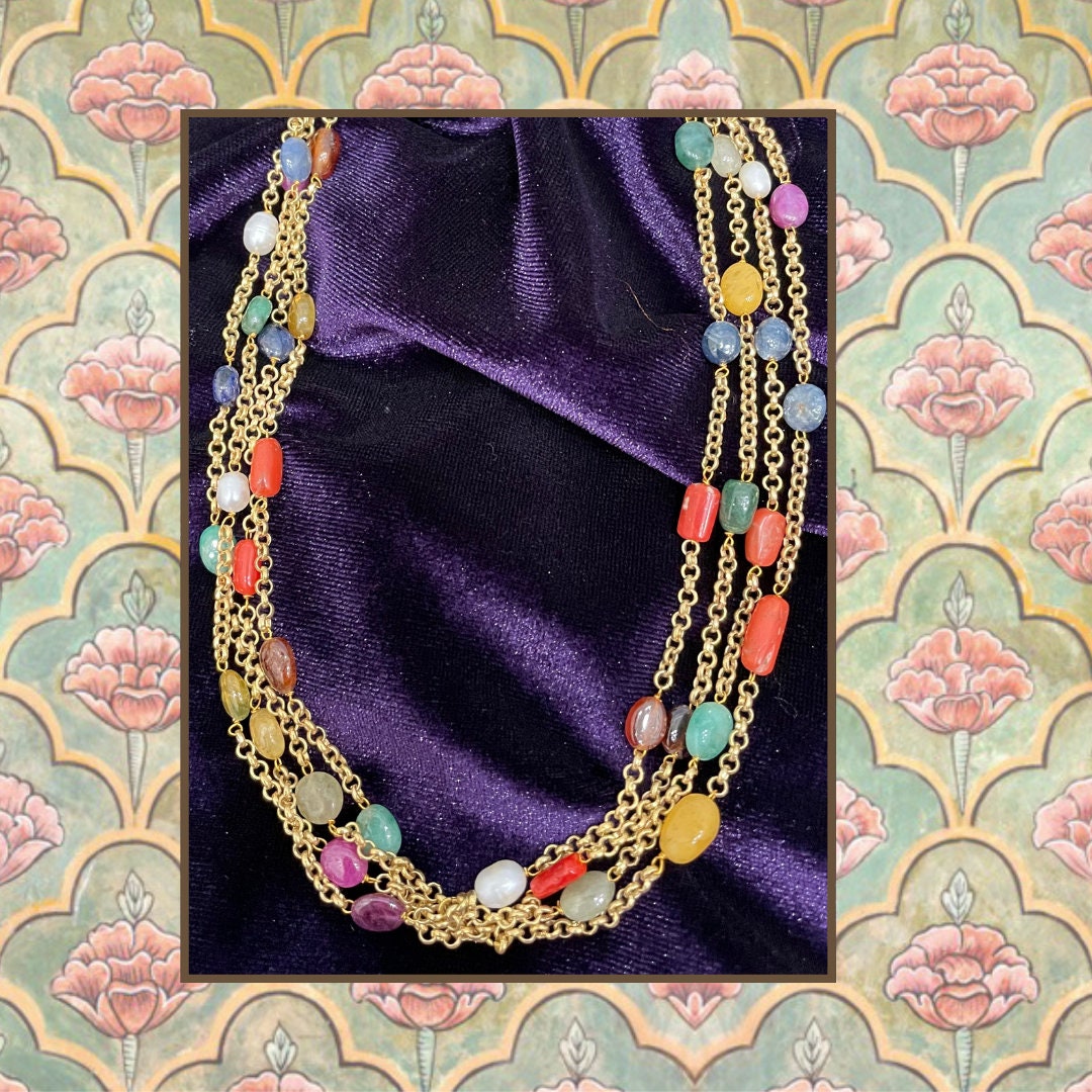 Navaratan Beads Silver necklace beaded mala simple jewelry statement jewelry silver jewelry indian jewelry bridal jewelry