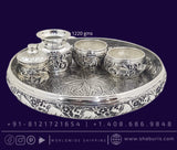 Pure Silver pooja thali,pure silver bell,Pure silver articles indian,indian pooja samagri,silver articles,haldi kumkum container-NIHIRA