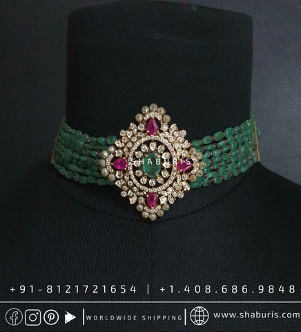 Polki choker silver jewelry sterling silver jewelry emerald beads swarovski diamond choker high end costume jewelry