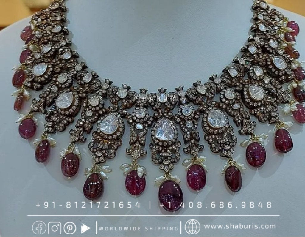 Victorian necklace antique necklace rubies emeralds bridal diamond necklace indian jewelry designs silver jewelry wedding jewelry - SHABURIS