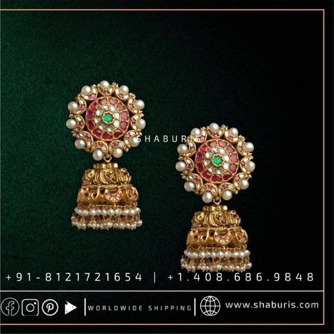 Kundan jhumka antique necklace rubies emeralds bridal diamond necklace indian jewelry designs silver jewelry wedding jewelry - SHABURIS