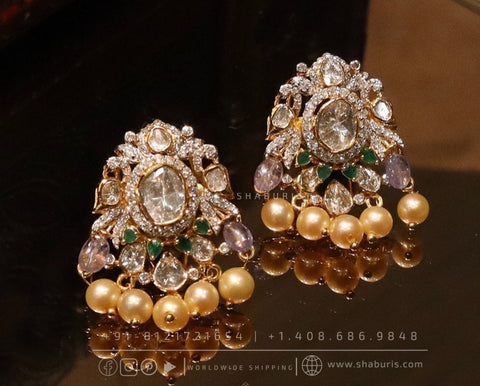 Polki studs antique necklace rubies emeralds bridal diamond necklace indian jewelry designs silver jewelry wedding jewelry - SHABURIS