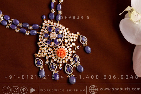 Tanzanite necklace Coral necklace Polki emeralds bridal diamond necklace indian jewelry designs silver jewelry wedding jewelry - SHABURIS